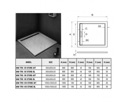 Душевой поддон WeltWasser WW TRS  90 STONE-WT 90х90 см белый с сифоном